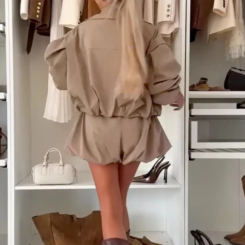 

Fashion Loose Women's Sportwear Suits Elegant Lapel Tops Commute Two Piece Casual Solid Color Long Sleeve Jacket Coat&Shorts Set