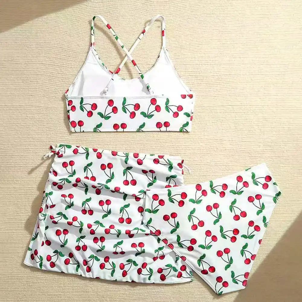 2026 Strappy Girls Swimsuit 3 Pieces Bikinis Cherry Kids Swimwear Female Children's Bathers Bathing Swimming Swim Suit 8-14Y view 2