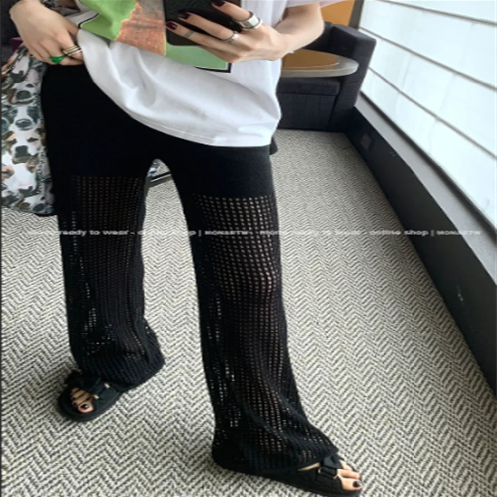 

black straight tube loosely hollowed out casual knitted trousers girl summer women