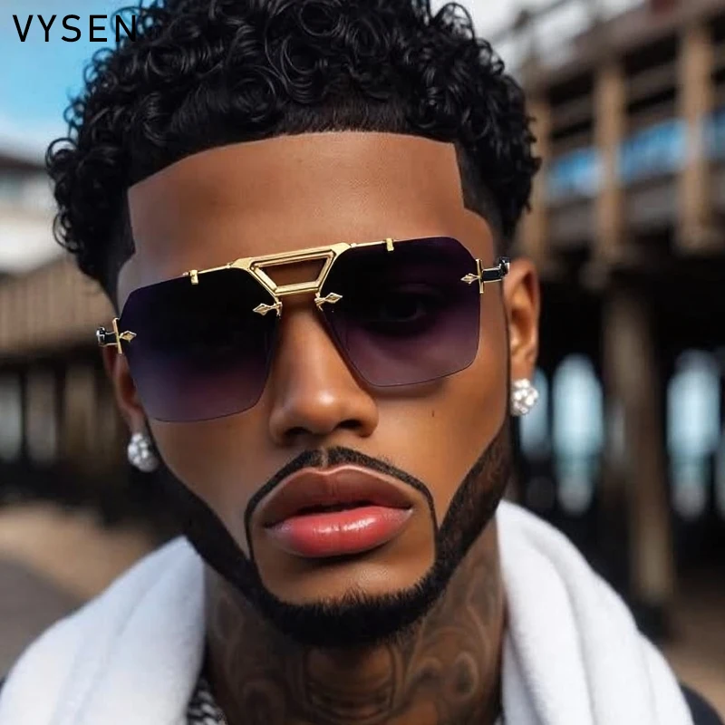 

Vintage Square Rimless Sunglasses Men 2025 Luxury Oversized Polygon Double Beam Sun Glasses Metal Frame Shades Driving Eyewear