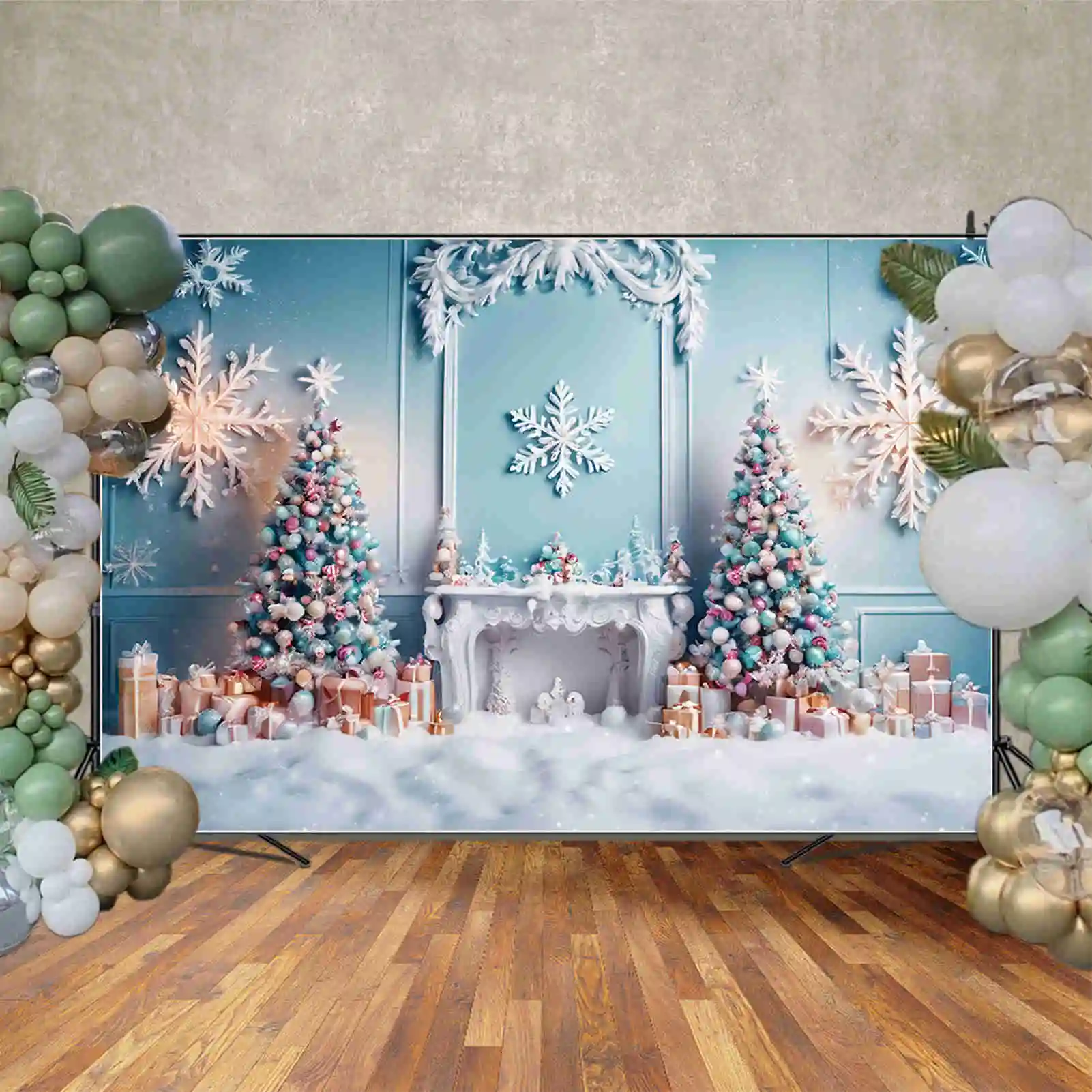 MOON.QG Snow Winter Christmas Tree Backdrop New Year Living Room Fireplace Baby Interior Background Party Decor Photo Zone Props