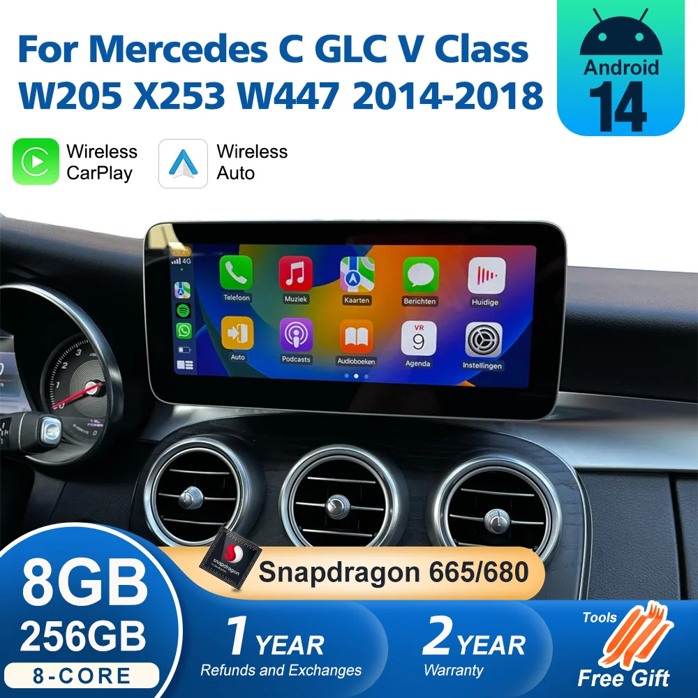 256G Qualcomm 680 Wireless CarPlay For Mercedes Benz C Class W205 2014-2018 Android Auto Car Multimedia Navigation GPS SWC DSP