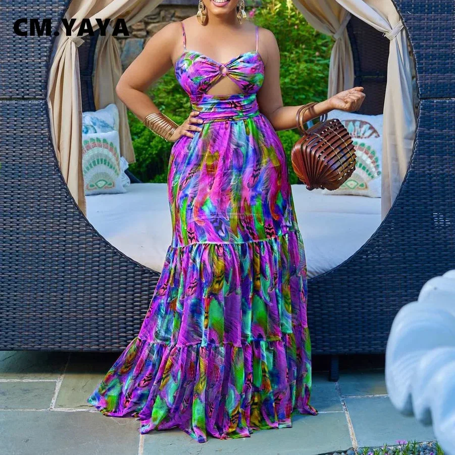 CMYAYA Elegant Women Spaghetti Strap Cutout Waist High Waist Big Swing Fit  and Flare Maxi Long Dress 2022 Beach Sexy Boho Dress - AliExpress 200000345