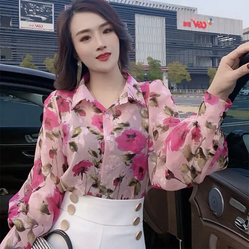 

Chic Floral Print Loose Casual irt Turn-Down Collar Korean Sle Dr Women's Faion Spring Summer New Arrival