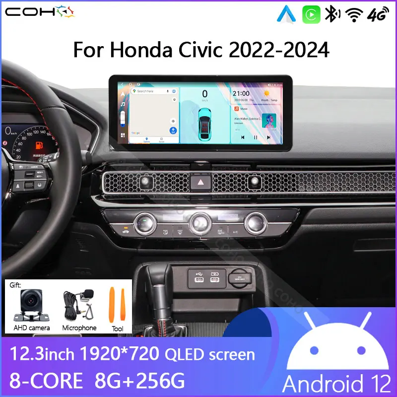 For Honda Civic 2022-2024 Video Play Radio Gps Navigation 12.3Inch Android12 8-core 8+256G 1920*720 carplay Android Auto