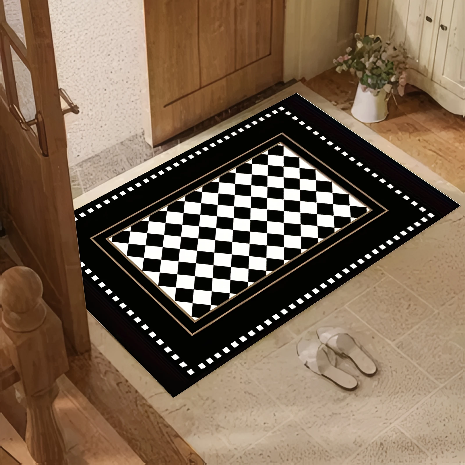 Flannel Doormat, Black and White Checkered Pattern - Flannel. Suitable for Indoor Entrances. Classic Style Flannel Surface Adds an Artistic Touch to Your Room