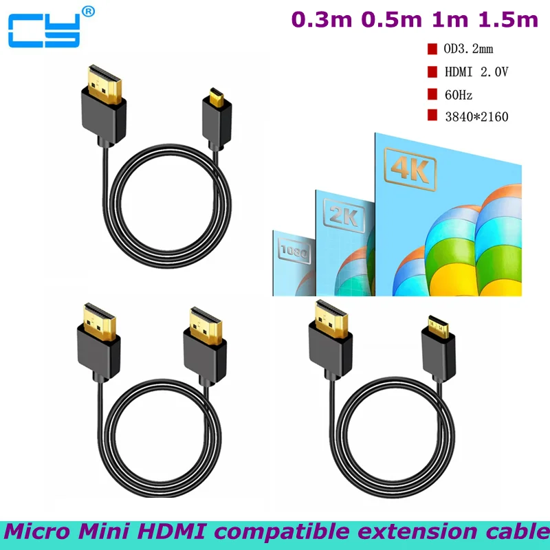 OD 3.2mm Super Soft Micro HDMI to HDMI to Mini HDMI Cable Ultra thin 4k@60hz Light-weight Portable 1ft short thin hdmi2.0 coiled