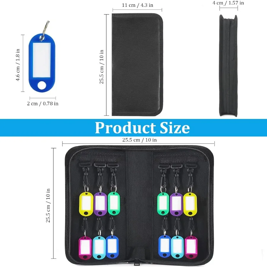 Портативный органайзер для ключей на молнии с огнестойким водонепроницаемым дизайном с 12 крючками для ключей и бирками для эффективного управления ключами i