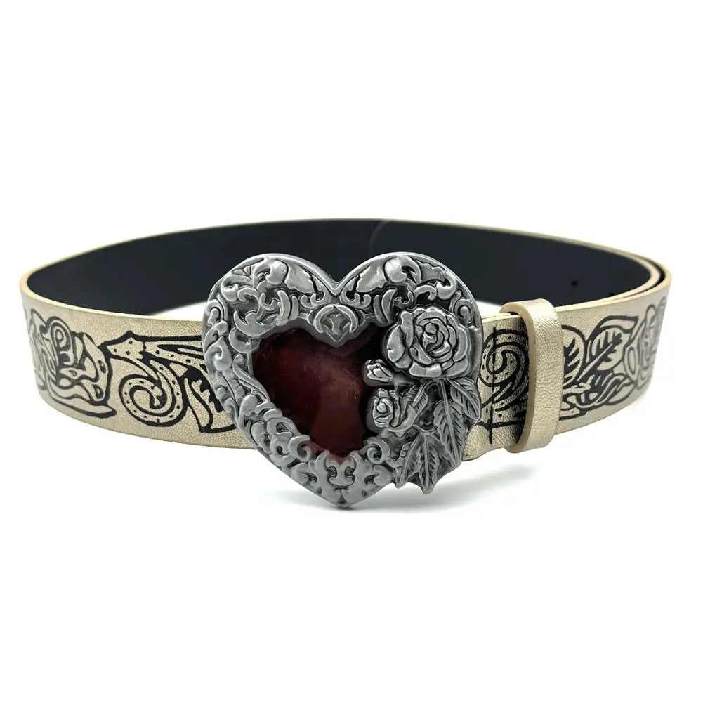 고딕 펑크 PU 가죽 클래식 Y2k 벨트 여성용 메탈 하트 플라워 버클 허리 스트랩 청바지 장식용 허리띠 액세서리