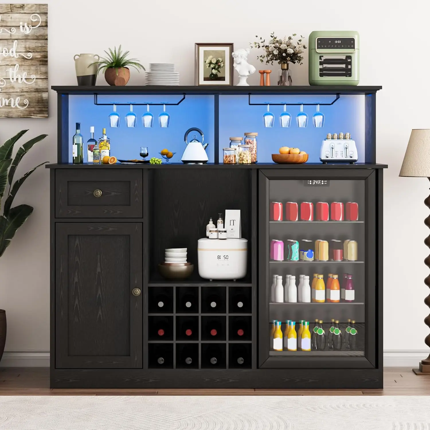 

Шкаф для винного бара с местом для холодильника, кофейный бар в фермерском доме 55 дюймов со светодиодной подсветкой и розеткой, мини-шкаф для холодильника, по индивидуальному заказу