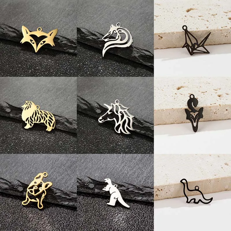 5pcs Origami Unicorn Stainless Steel Pendant Gothic Fox Dinosaur DIY Jewelry Making Animal Charm Necklace Earring Accessories