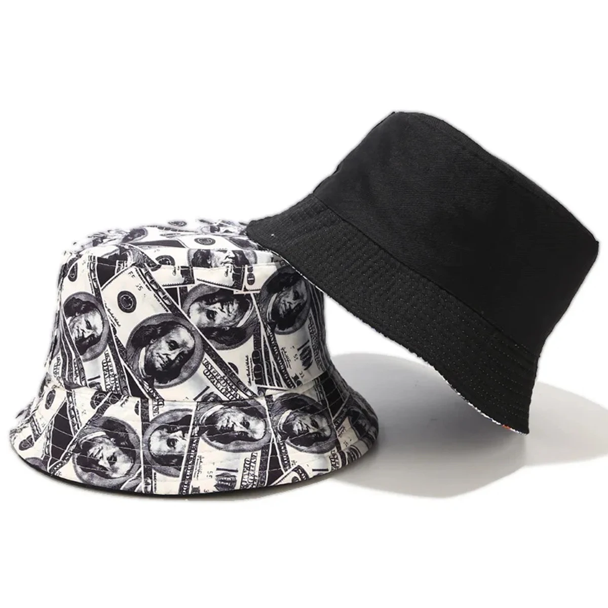 Unisex Dollar Print Double-side Personality Bucket Hats Fishermen Caps Outdoor Casual Cap Sunscreen Hat