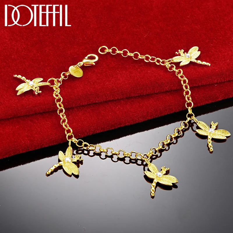 DOTEFFIL 18K Gold 925 Sterling Silver Five Dragonfly Bracelets Chain For Women Wedding Engagement Party Jewelry