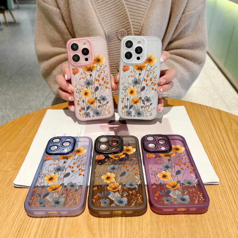 Autumn Flower Case For iPhone 16 Pro Max 11 12 13 14 15 Pro Max Luxury Lens Protector Shockproof Clear Soft Silicone Cover