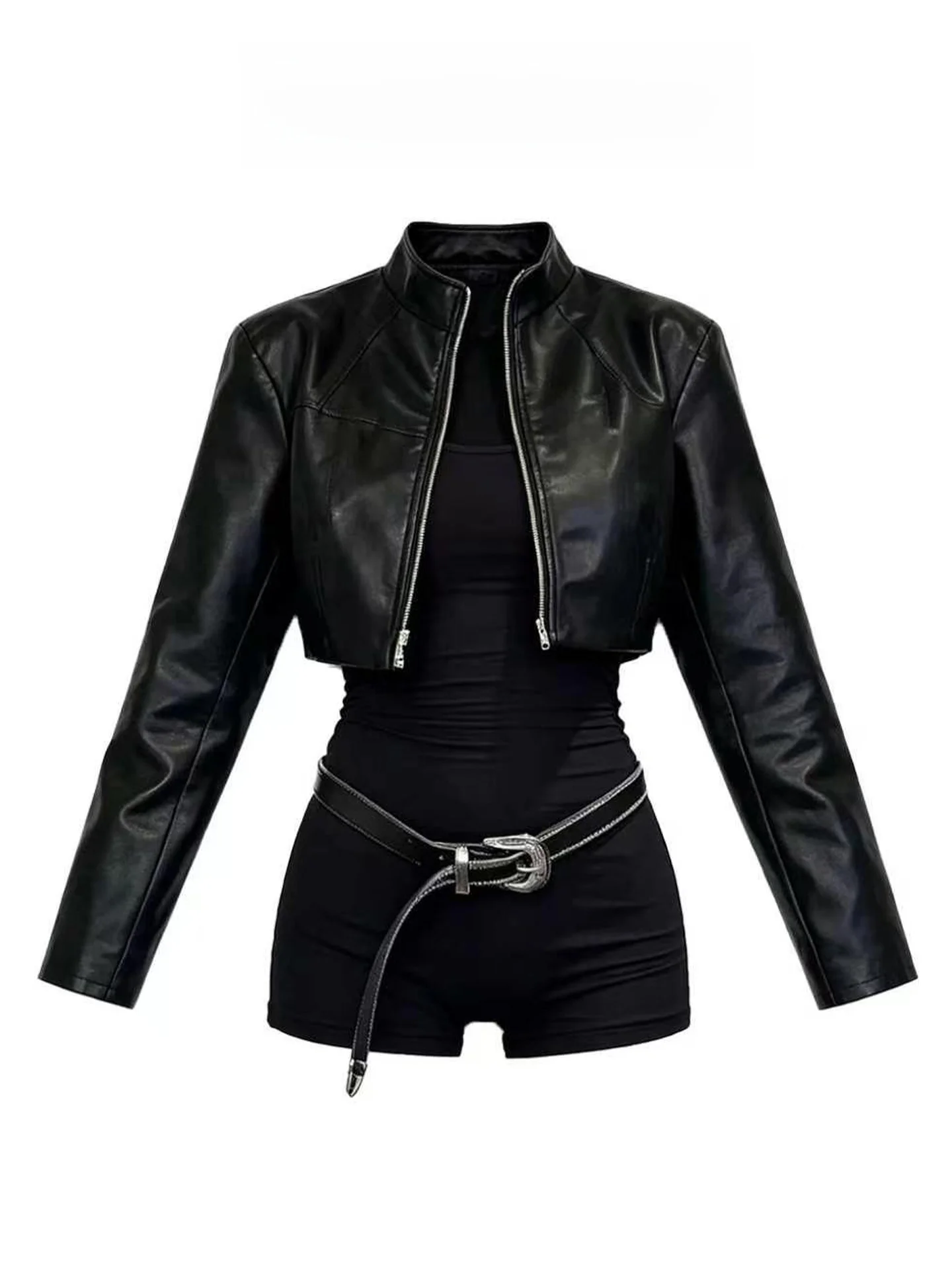 Black Short PU Leather Jacket Women's Autumn Cool Sweet A-Line Sexy One-Piece Pants Set Fashionable Casual Style High Waist