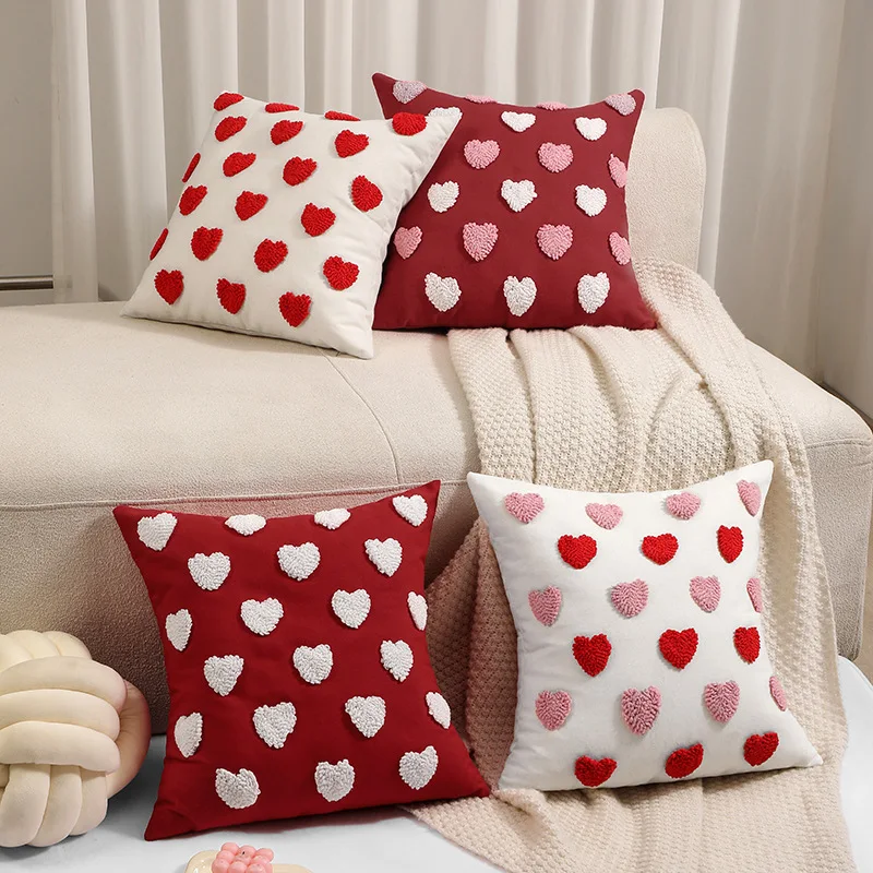2‑Color Optional Love Heart Throw Pillowcase, Tufted Embroidery Cushion Cover for Sofa Bedroom Decor