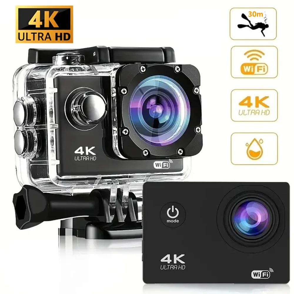Cámara de acción Ultra HD 4K 30fps/170D, sumergible, impermeable, con pantalla de 2.0 pulgadas, control remoto WiFi, cámara de video deportiva profesional.