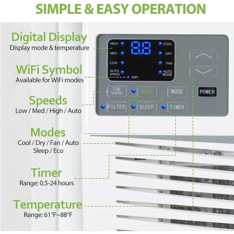 مكيف هواء نافذة 12,000 وحدة حرارية بريطانية، وحدة تيار متردد ذكية للنافذة مع جهاز تحكم عن بعد، تيار متردد موفر للطاقة مع فلتر قابل للغسل