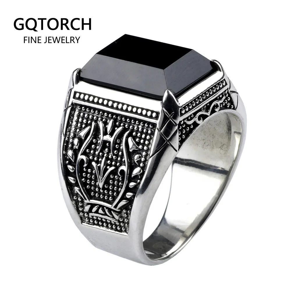 Prawdziwe męskie sygnety ze srebra próby 925 z czarnym onyksem z kamieniem naturalnym Retro Flower Engraved Punk Rock Vintage Jewelry