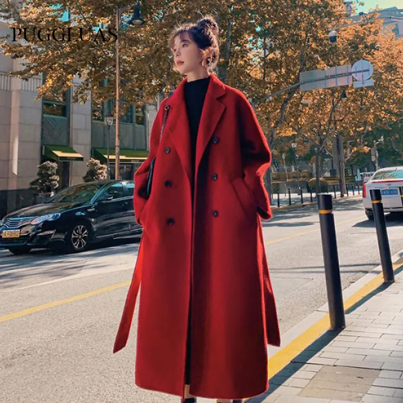 Winter Trench Coat For Women Elegant Fashion Korean Casual Thick Wool Coat Red Lace-up Long Jacket  Black Woman Coat With Blet