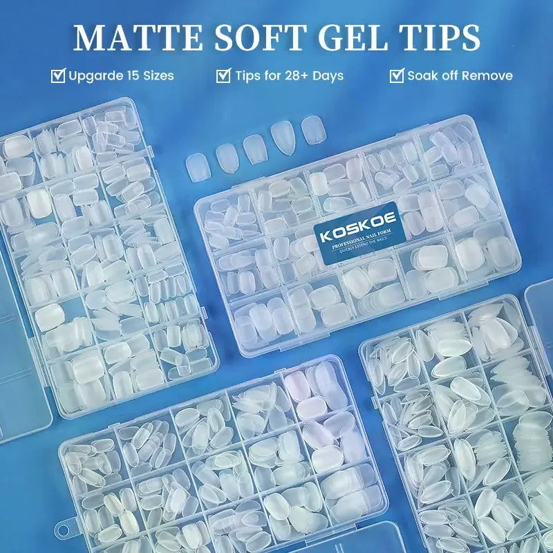 300 sztuk/pudełko Pełne Matowe Sztuczne Paznokcie Akrylowe Końcówki Żelowe Miękkie Żelowe Paznokcie Kwadratowe Trumienki Migdałki Owalne Naklejane Końcówki do Manicure Przedłużania Paznokci