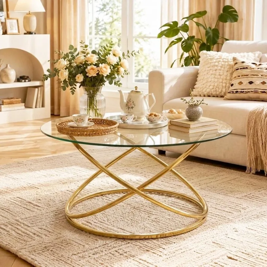 31.5 Round Glass Coffee Table for Living Room, Tempered Glass Top with Gold-Plating Metal Base, Elegant Gold Finish, Sturdy and