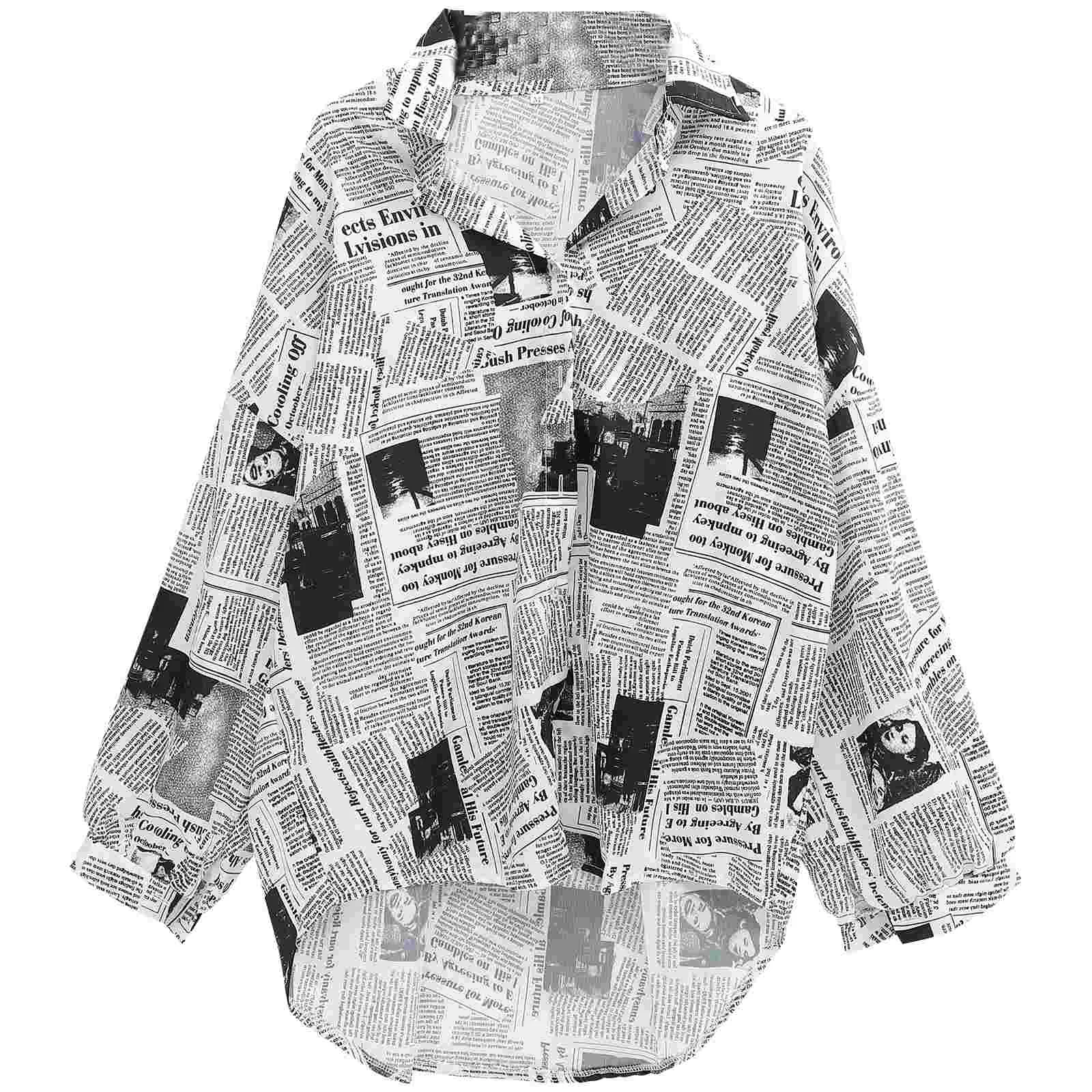 

Summer Dress Women Tops Newspaper Shirt Lapel Button Long Sleeve Blouse Women's