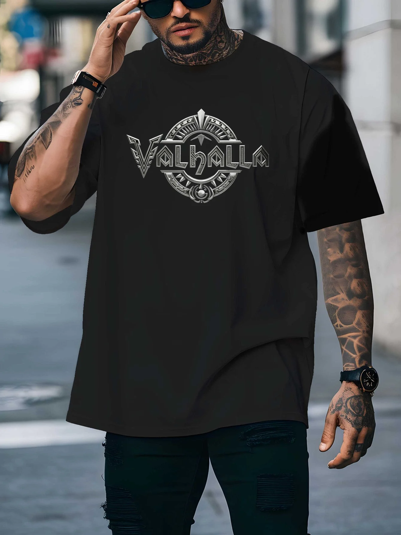 Men's Viking Norse Mythical T-shirt in Valhalla - Valhalla Logo and Viking Print, Viking Shield Design
