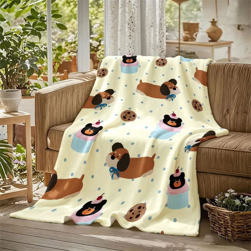 Dachshund Bear Cupcake Dots Flannel Blanket Perfect for Sofa Office Bed Travel Sleep Read Relax Camping Four Season Use