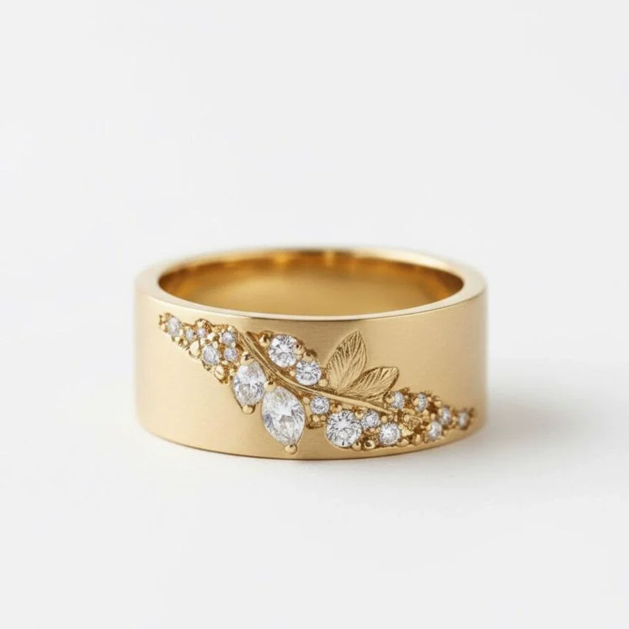 Foydjew New Exquisite Plant Leaf Pattern Design Gold Color Wide Face Rings Inlaid with Zircon Finger Accessories For Women