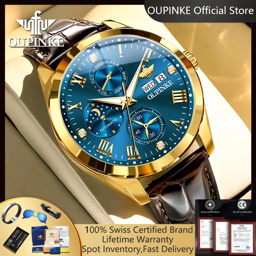 OUPINKE 3300 Chrono Automatic Watch for Men High Grade Luxury Exclusive Leather Strap Waterproof Moon Phase Auto Date Man Watch