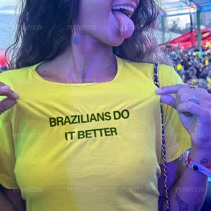 Brazilians do it better print T-shirt Cute Women\'s Short sleeve Crop Tops Goth Street Yellow Baby Tees Harajuku Female Y2K Tops