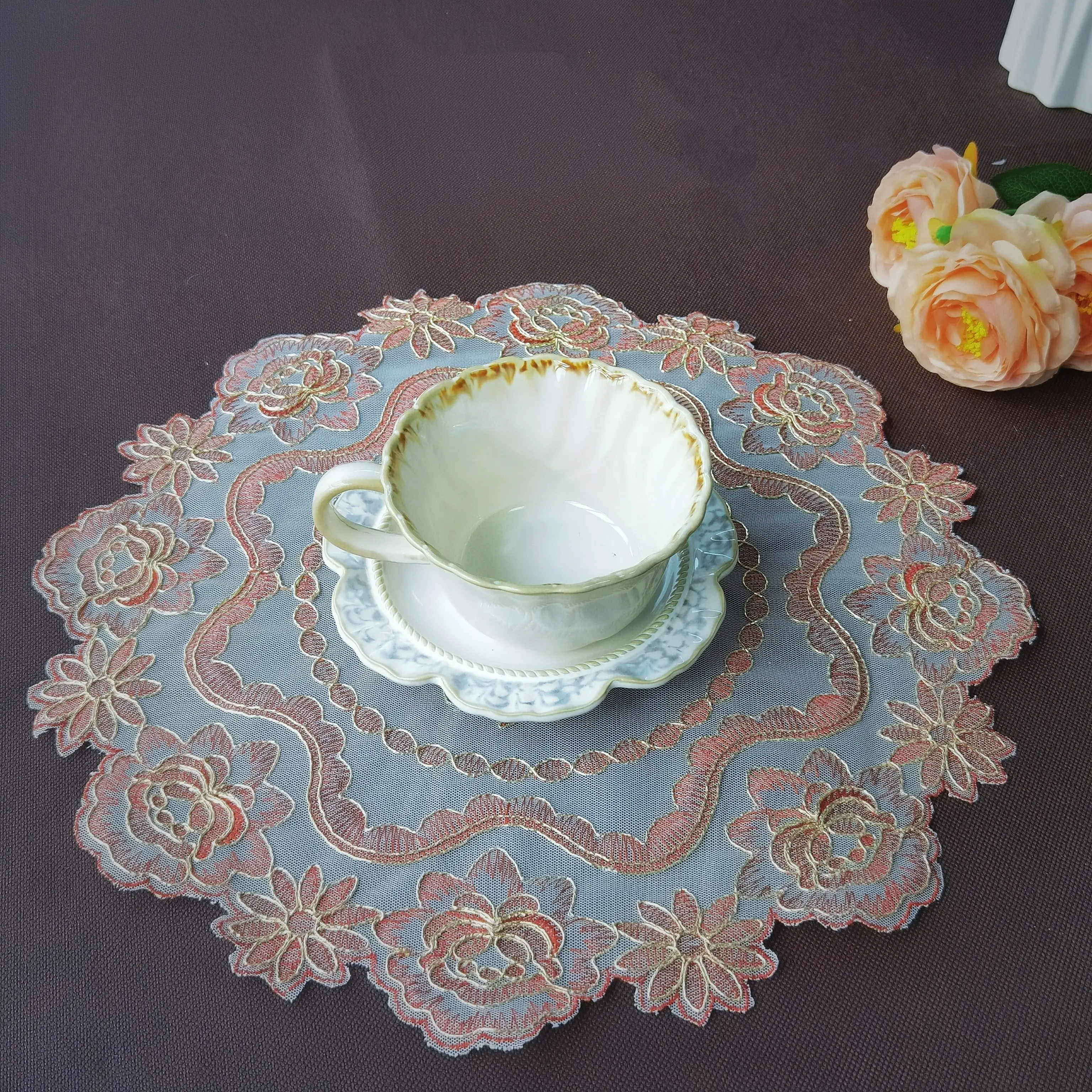 Pink Placemats Round Breakfast Table Mat Lace Jacquard  Table Pad Red Flower Coasters Fruit Tray Mat  Birthday Table Decoration