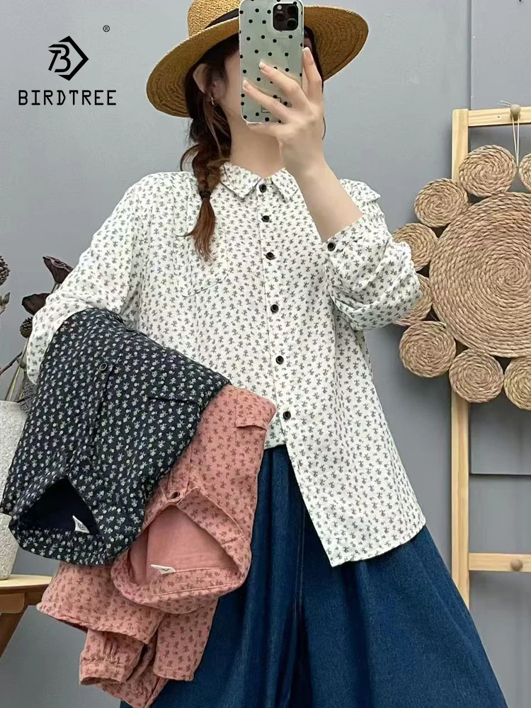 

New 2025 Autumn Cotton Yarn Long Sleeve Shirt, Women Turn-down Collar Print, Mori Girl Sweet Versatile Loose Blouse T58954CC