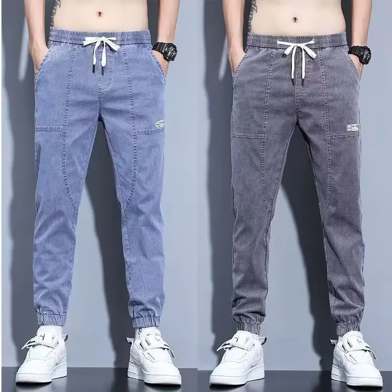 

2024 New Men's Elastic Waist Drawstring Harlan Jeans Casual Straight Loose Tie Denim Jogger Streetwear Jean Pants