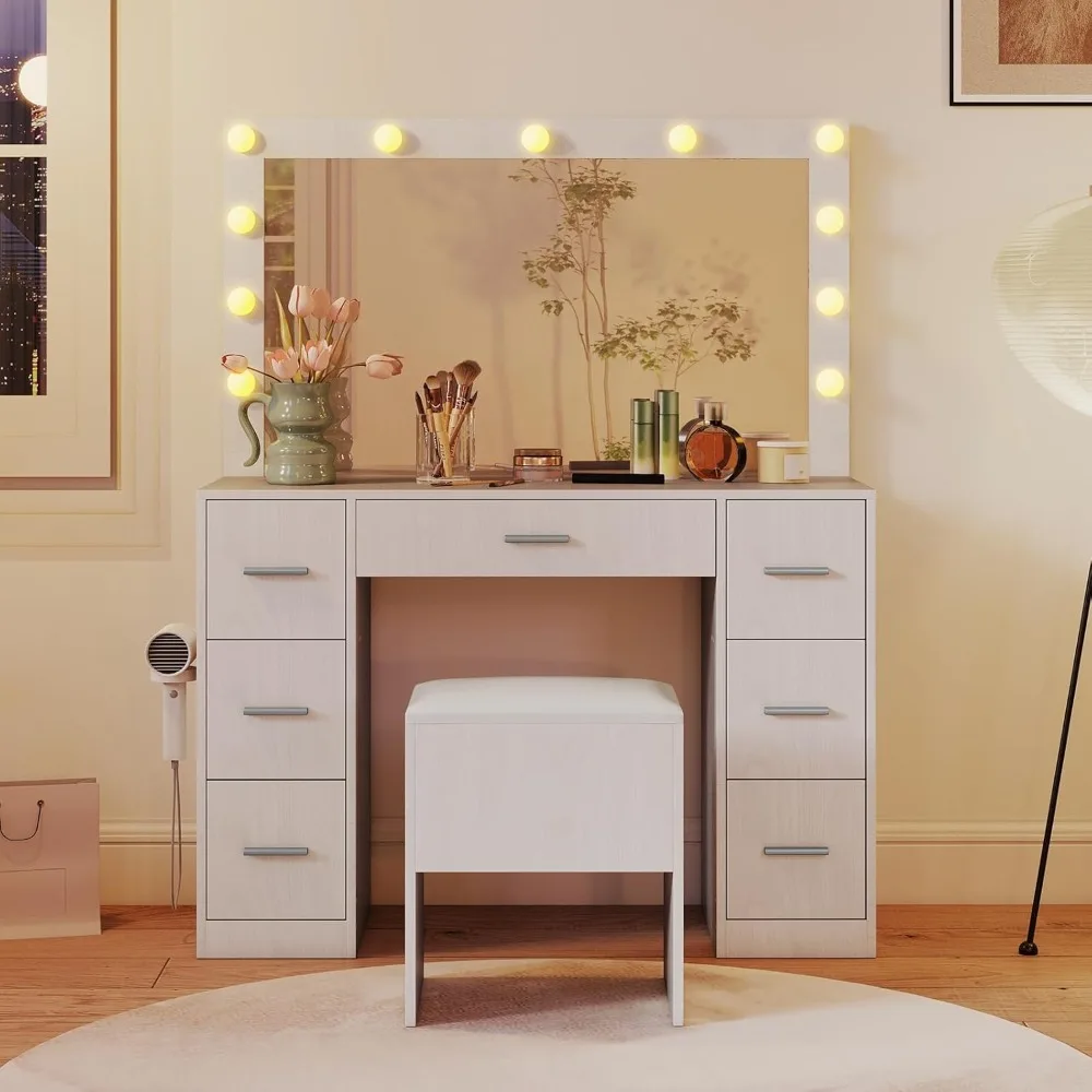 طقم طاولة مكياج مع مرآة، أضواء، محطة شحن، حامل مجفف الشعر، إضاءة 3 ألوان، 7 أدراج لتنظيم التجميل