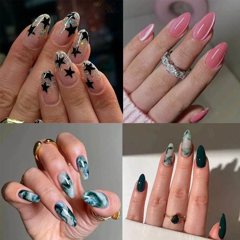 مانيكير طويل اللوز الأظافر كاذبة أنيقة الفرنسية الصحافة على الأظافر انفصال النجوم الخضراء وهمية نيلز DIY