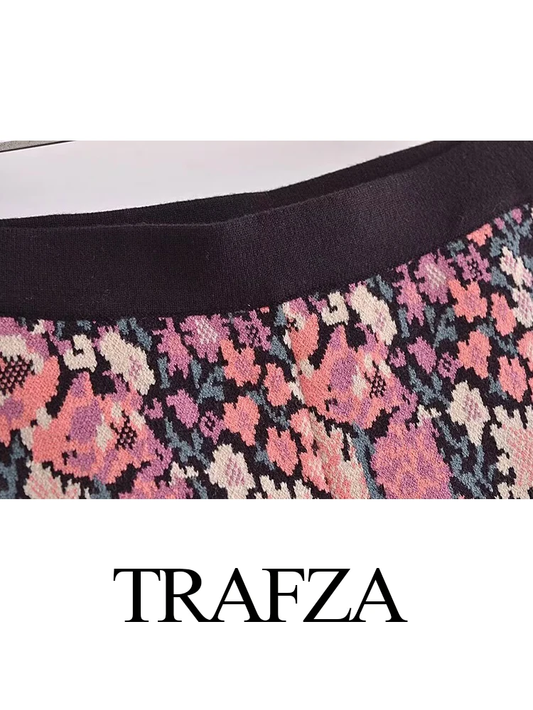 Trafza Dames Herfst Nieuwe Mode Veelzijdige Bloemen Jacquard Gebreide Leggings Dames Elegante Elastische Taille Slanke Casual Broek Mujer