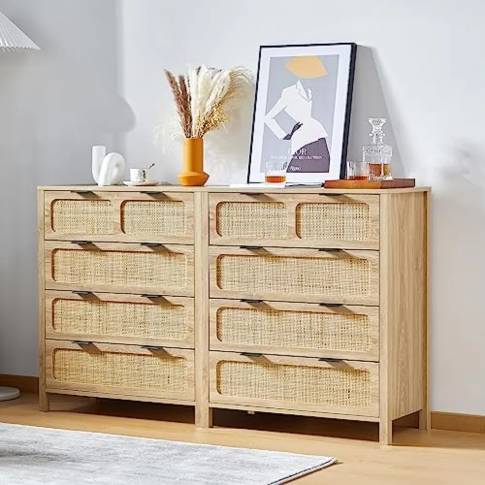 4 Drawer Dresser, Modern Rattan Dresser Chest with Wide Drawers and Metal Handles, Farmhouse Wood Storage Chest of Drawers