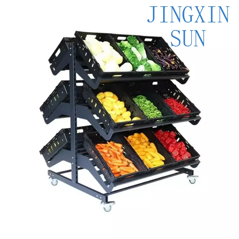 360-Degree movable and foldable fruit and vegetable organization rack Supermarket display rack with wheels