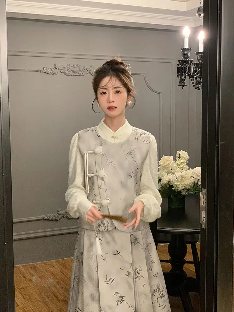 Korean 3 Pieces Sets For Women Vintage Long Sleeves Shirts With Printing A-line Skirt Female Elegant Clothing 2024 New