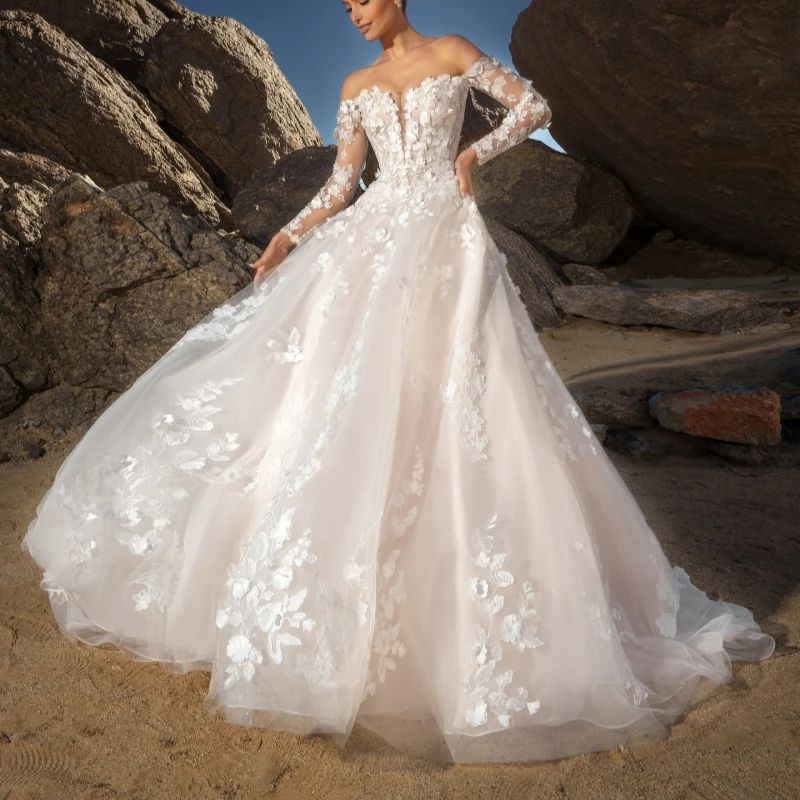 

Luxury Champagne Dubai Arabic Mermaid Wedding Dresses Applique Flower Tull Long Sleeves Court Train Wedding Dress Bridal Gowns