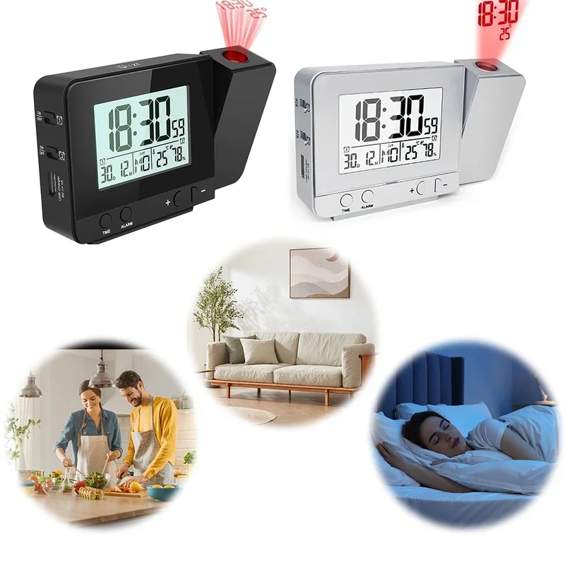 

Projection Alarm Clock with Temperature and Humidity Monitor, 180° Rotatable Projector, USB Charger, 4-Level Brightness Dimmer