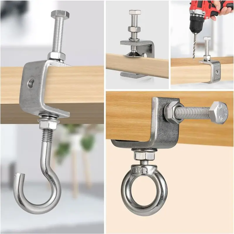 Stainless Steel Small C Clamp With Ring, C Clamp,Pipe Clamp Hooks For Hanging, Clamp With Ring For Woodworking