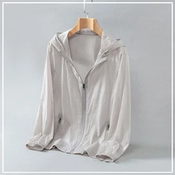 2024 New Summer Thin Breathable Ice Silk Sunscreen Clothing Simple Solid Color Casual Loose Hooded Long Sleeved Coat for Men