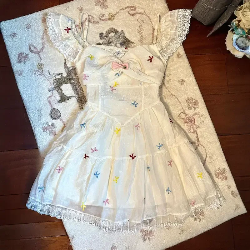 Summer Y2k Dresses Women Clothes Sweet Girl Cute White Korea Slim 2000s Lace Bow Short Dress Kawaii Harajuku Gothic Dress 2025