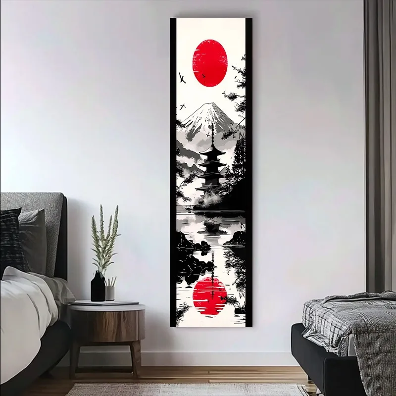 Japanischer Berg Fuji Langer Wandteppich - Ukiyo-e Rote Sonne Tuschegemälde Vertikaler Wandbehang für Schlafzimmer Wohnzimmer Dekoration