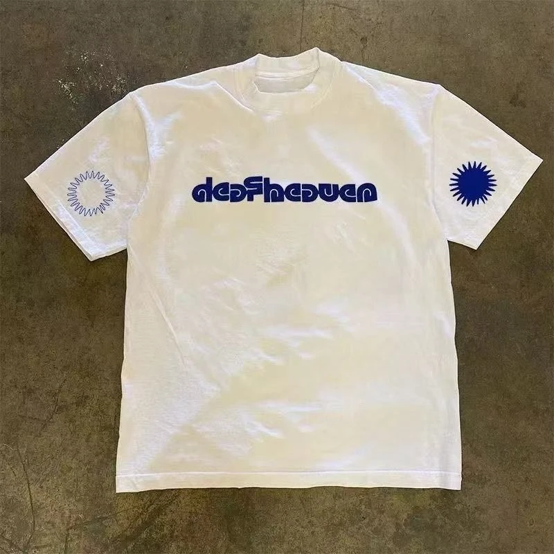 Retro Font Sun Motif Chest And Sleeve Art Print T‑Shirt Short Sleeve Trendy Unisex Top Loose Daily Streetwear Wear