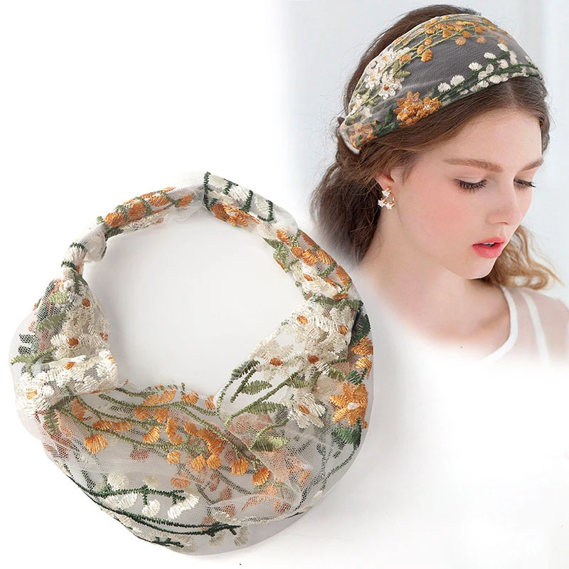 

Female Ethnic Hairbands Elastic Embroidery Lace Flower Headband Chiffon Head Wrap Bezel for Women Cross Knotted Hair Accessories