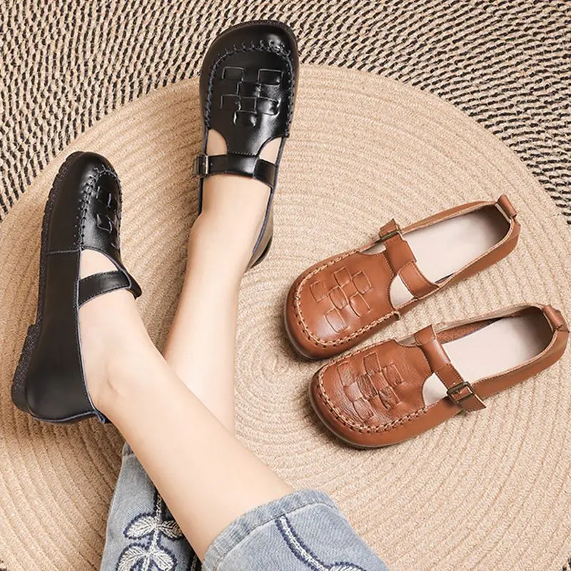 Genuine Leather Handmade Shoes Retro Loafers Women Shoes Comfortable Flat-heeled Woven Soft-soled Leather Shoes